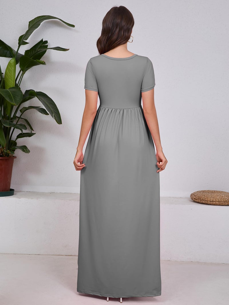 DEARCASE Maxi Dress for Women Grey X-Large Crewneck Short Sleeves Wedding Guest A-line Casual Loose Party Vintage Spring Summer Beach Long Dresses with Pockets - Image 2