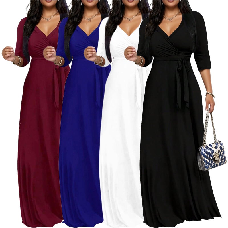 CaniBtr Maxi Dresses for Women Casual 3/4 Sleeve Wrap V Neck Plus Size Elegant Semi Formal Long Church Dress with Belt White XL - Image 2