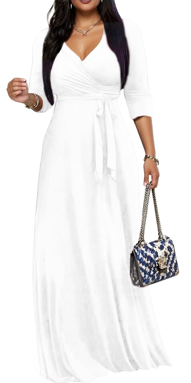 CaniBtr Maxi Dresses for Women Casual 3/4 Sleeve Wrap V Neck Plus Size Elegant Semi Formal Long Church Dress with Belt White XL - Image 1