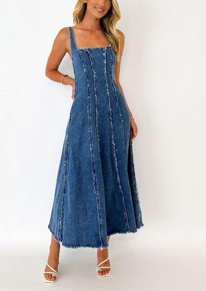 chouyatou Women's Adjustable Spaghetti Strap Maxi Long Denim Dress A-Line Swing Distressed Jean Sun Dress (Small, Dark Blue) - Image 2