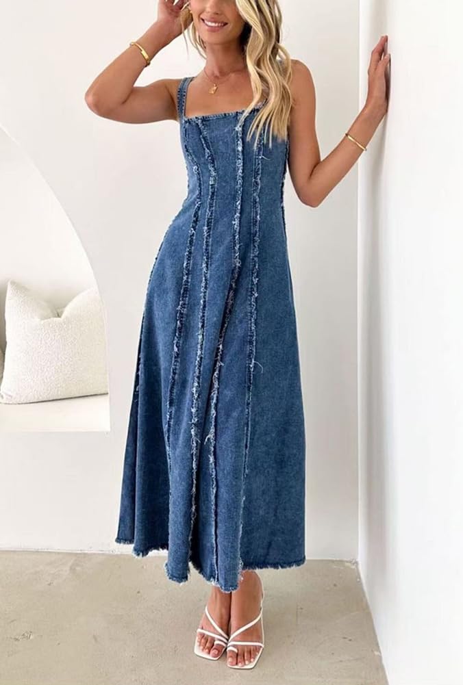 chouyatou Women's Adjustable Spaghetti Strap Maxi Long Denim Dress A-Line Swing Distressed Jean Sun Dress (Small, Dark Blue) - Image 4