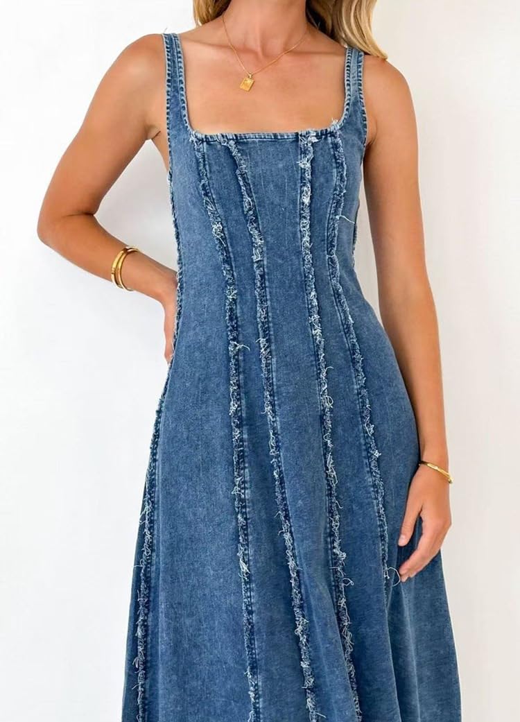 chouyatou Women's Adjustable Spaghetti Strap Maxi Long Denim Dress A-Line Swing Distressed Jean Sun Dress (Small, Dark Blue) - Image 5