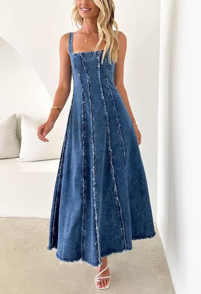 chouyatou Women's Adjustable Spaghetti Strap Maxi Long Denim Dress A-Line Swing Distressed Jean Sun Dress (Small, Dark Blue) - Image 3
