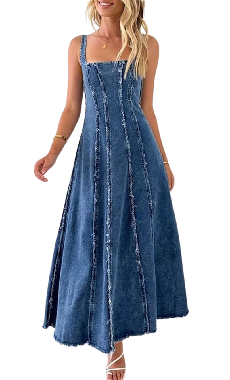 chouyatou Women's Adjustable Spaghetti Strap Maxi Long Denim Dress A-Line Swing Distressed Jean Sun Dress (Small, Dark Blue) - Image 1