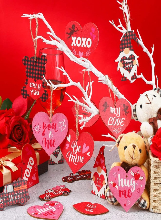 Glenmal 36 Pieces Valentine's Day Red Truck Ornaments Buffalo Plaid Valentines Gnome Wooden Ornaments Heart Elf Bear Lip Valentine Hanging Decorations for Wedding Valentine's Day Anniversary Wall Decor - Image 3