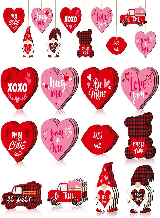 Glenmal 36 Pieces Valentine's Day Red Truck Ornaments Buffalo Plaid Valentines Gnome Wooden Ornaments Heart Elf Bear Lip Valentine Hanging Decorations for Wedding Valentine's Day Anniversary Wall Decor - Image 1
