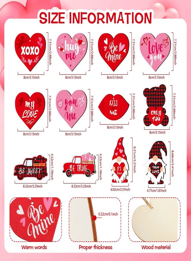 Glenmal 36 Pieces Valentine's Day Red Truck Ornaments Buffalo Plaid Valentines Gnome Wooden Ornaments Heart Elf Bear Lip Valentine Hanging Decorations for Wedding Valentine's Day Anniversary Wall Decor - Image 2