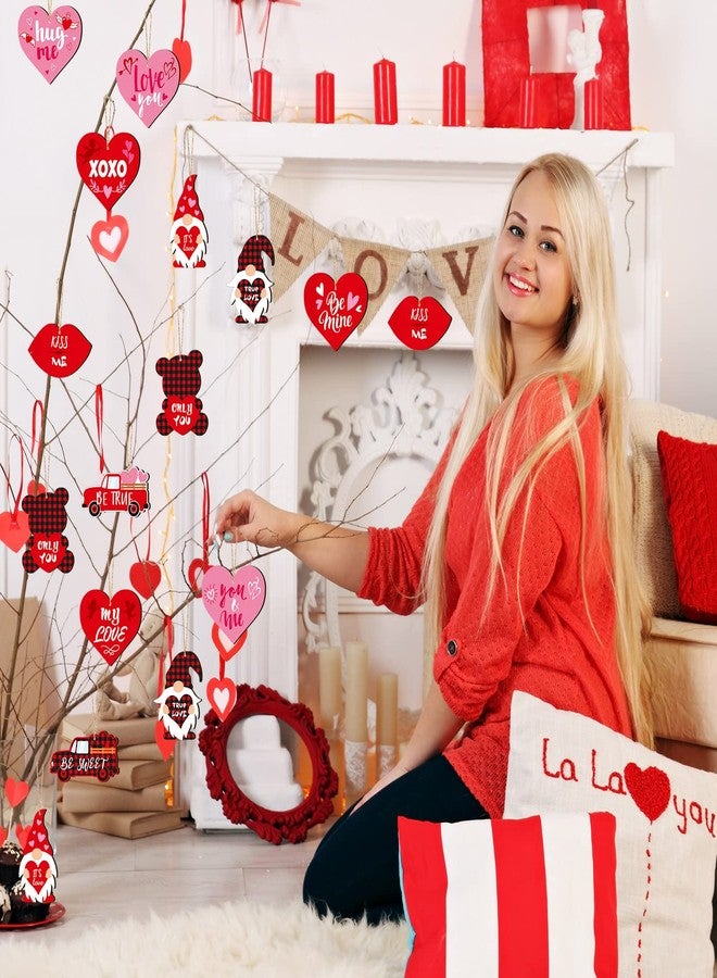 Glenmal 36 Pieces Valentine's Day Red Truck Ornaments Buffalo Plaid Valentines Gnome Wooden Ornaments Heart Elf Bear Lip Valentine Hanging Decorations for Wedding Valentine's Day Anniversary Wall Decor - Image 5
