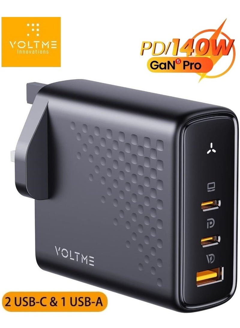 VOLTME 140W GaN Fast Wall Charger with USB‑C Power Delivery, 3‑Port PD 3.1 & PPS High‑Speed Charging Adapter, Super Fast Type‑C Laptop & Phone Charger, Compatible with iPhone Air, iPhone 17/16/15/14/13 Series, iPad Pro/Air, AirPods, MacBook Pro/Air, Dell XPS/Latitude, Lenovo ThinkPad/Legion, HP Spectre/EliteBook, ASUS ZenBook/ROG, Acer Swift/Predator, Samsung Galaxy S25/S24/S23/S22 Ultra, Galaxy Tab, Steam Deck, Chromebook, Google Pixel, Xiaomi, OnePlus, Honor & More – Black - Image 1