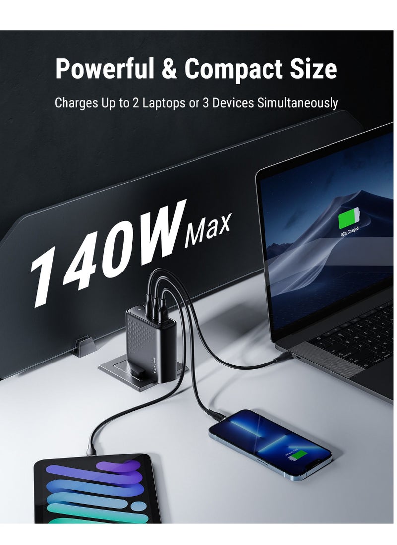 شاحن USB C بقوة 140 وات، محول طاقة PD3.1 PPS، سلسلة 3 منافذ GaN3 شحن فائق السرعة لأجهزة الكمبيوتر المحمول Chromebook، MacBook Pro/Air، iPad Pro، iPhone 15/14/13/12 Series، Galaxy، Steam Deck [أسود]
