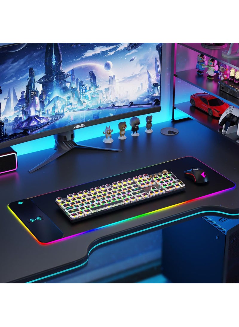 Wireless Charging RGB Gaming Mouse Pad 10W LED Mouse Mat 800x300x3MM 10 Light Modes Extra Large Mousepad Non-Slip Rubber Base Computer Keyboard Mat for Gaming MacBook PC Laptop Desk