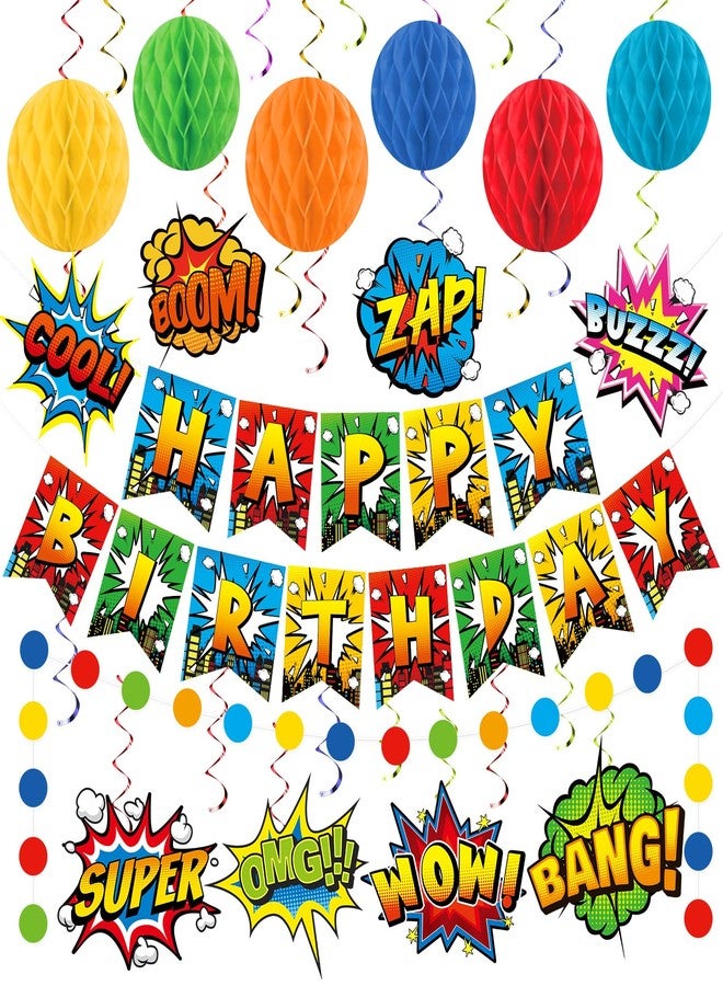 Oitnlaughter Hero Birthday Party Decorations Super Themed Cityscape Buildings Happy Birthday Banner Hero Hanging Swirls Honeycomb Centerpieces Circle Dots Garland for Birthdays Baby Shower Party Supplies - Image 1