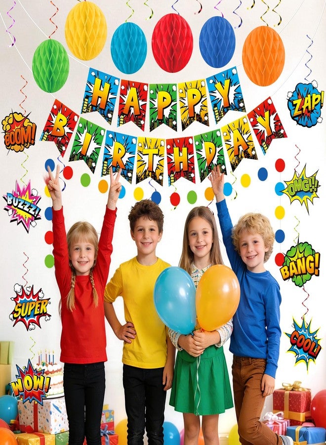 Oitnlaughter Hero Birthday Party Decorations Super Themed Cityscape Buildings Happy Birthday Banner Hero Hanging Swirls Honeycomb Centerpieces Circle Dots Garland for Birthdays Baby Shower Party Supplies - Image 5