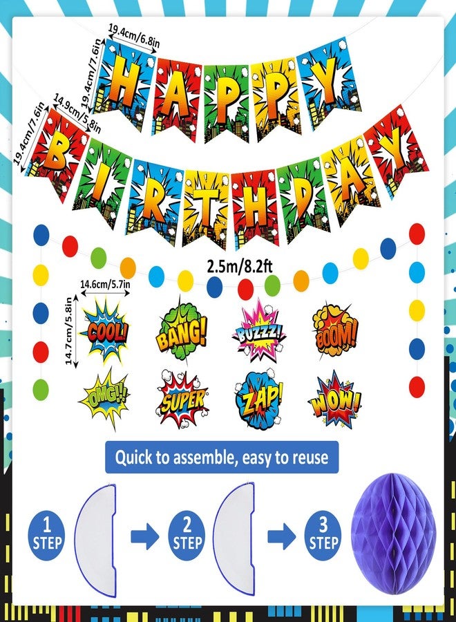 Oitnlaughter Hero Birthday Party Decorations Super Themed Cityscape Buildings Happy Birthday Banner Hero Hanging Swirls Honeycomb Centerpieces Circle Dots Garland for Birthdays Baby Shower Party Supplies - Image 2