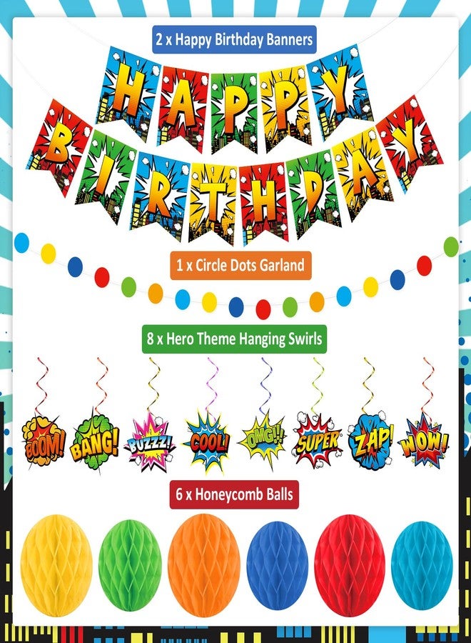 Oitnlaughter Hero Birthday Party Decorations Super Themed Cityscape Buildings Happy Birthday Banner Hero Hanging Swirls Honeycomb Centerpieces Circle Dots Garland for Birthdays Baby Shower Party Supplies - Image 3