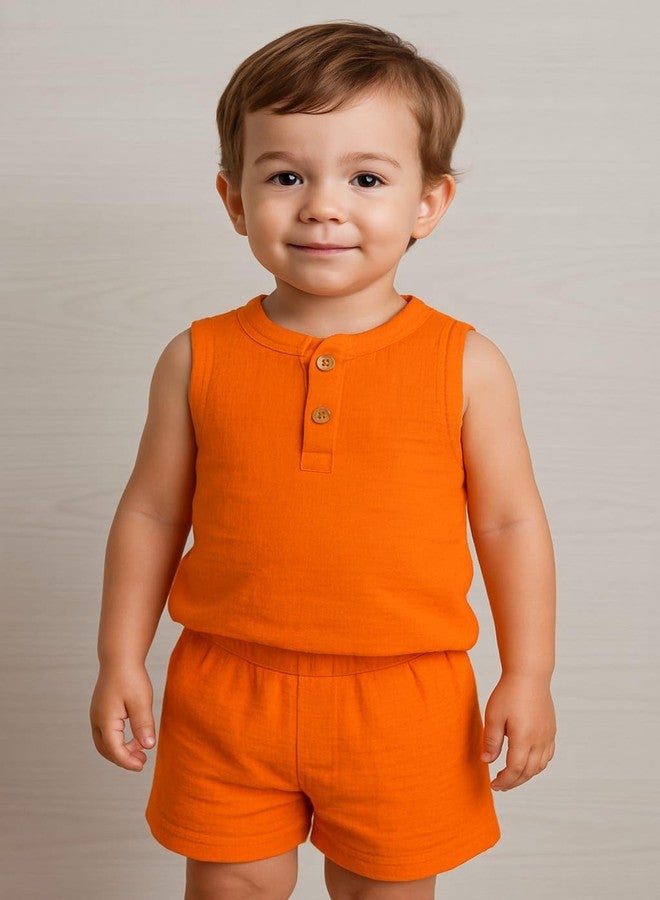 Winnie 100% Crinkle Muslin Organic Sleevless and Shorts Set| Pack Of 1 (Size 1 Year) Orange