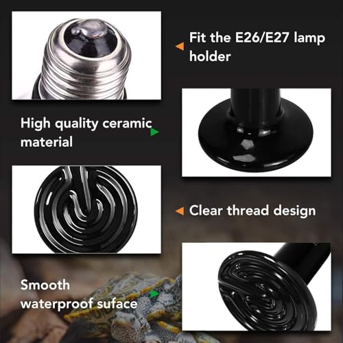 VAYINATO Reptile Ceramic Heat Emitter Lamp | No-Light Heating Bulb for Lizards, Snakes, Tortoises | Long-Lasting Heat Source for Terrariums & Vivariums | Silent & Safe (Black) (150W) - Image 5