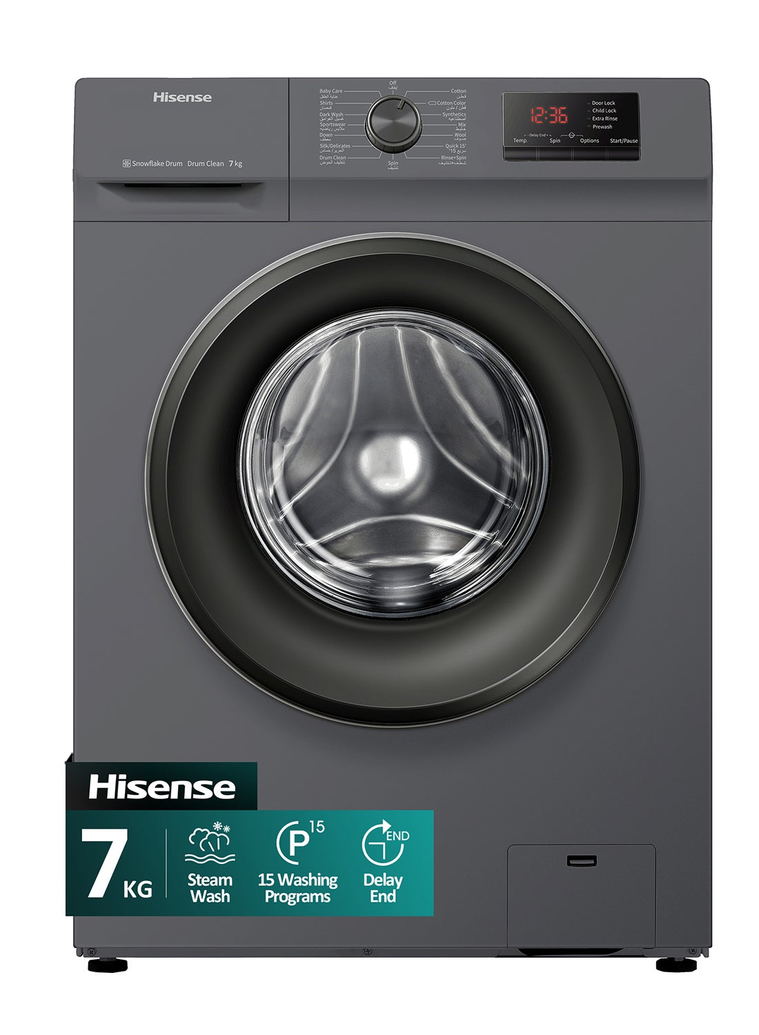 7Kg Front Loading Washing Machine, 1200RPM, 15 Wash Programs, Steam Wash, Quick Wash, Drum Clean, Delay End, Self-Diagnostic fault Finding, 7 kg WFVB7012MT Titanium