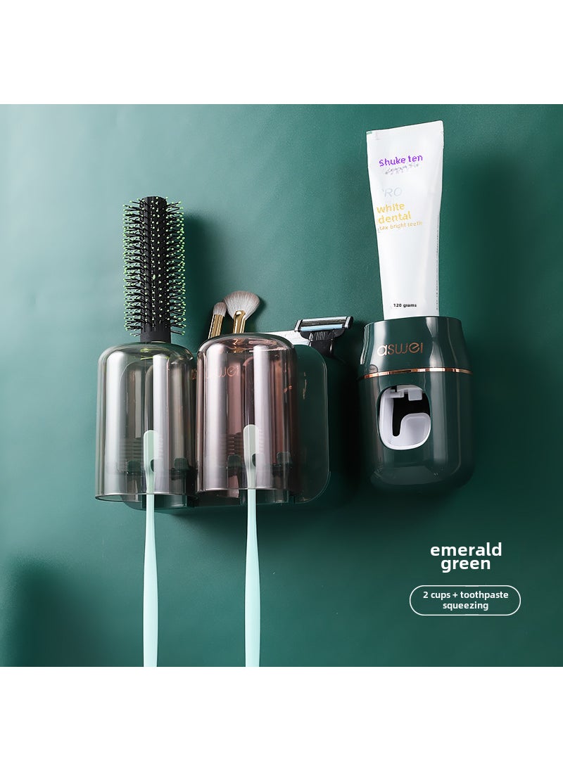 Generic Wall-Mounted Toothbrush Holder SetLight luxury Green [2 cups + Green Phnom Penh toothpaste squeezer]] Light luxury Green [2 cups + Green Phnom Penh toothpaste squeezer]] 