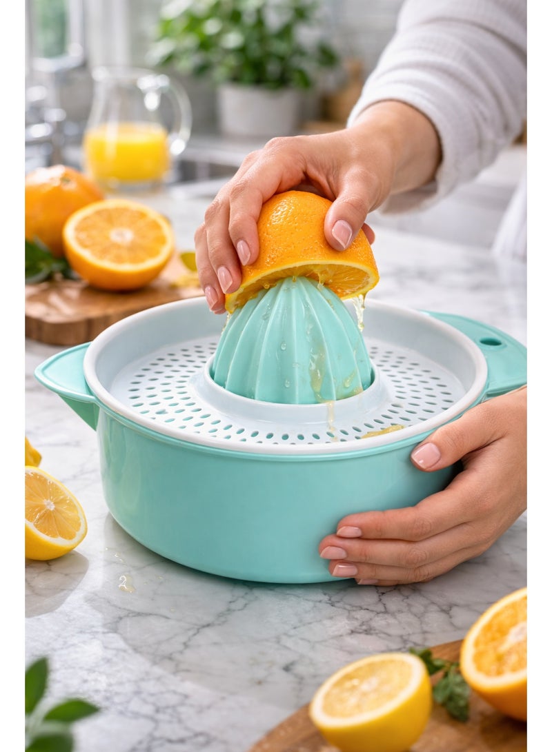 عصارة برتقال وليمون وفواكه حمضية يدوية بلاستيك مع وعاء ومصفاة بفتحة صب ومقبض - أخضر نعناعي (تيركواز) - Image 2