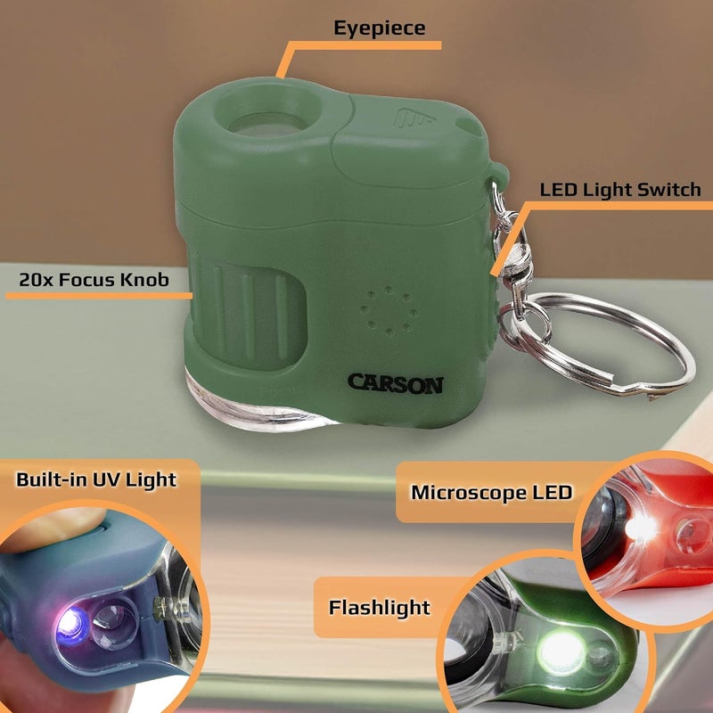 Carson MicroMini 20x LED Lighted Pocket Microscope with Built-in UV and LED Flashlight, Green (MM-280G), Large - Image 2