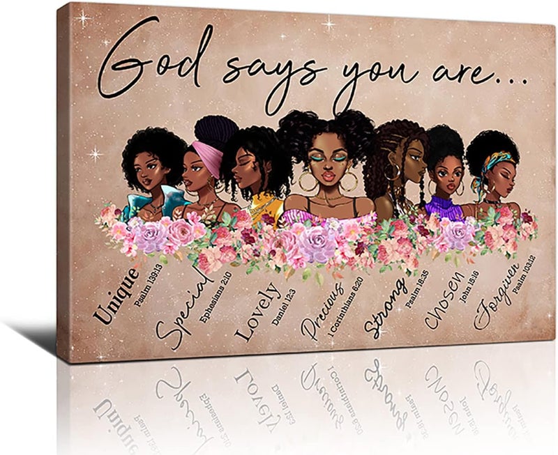 HANKCLES African American Wall Art Black Woman God Says You Are Canvas Print Black Girl And Flower Painting Funny Artworks Home Decor For Bathroom Living Room Bedroom Framed Ready To Hang 16x24 Inch - Image 1