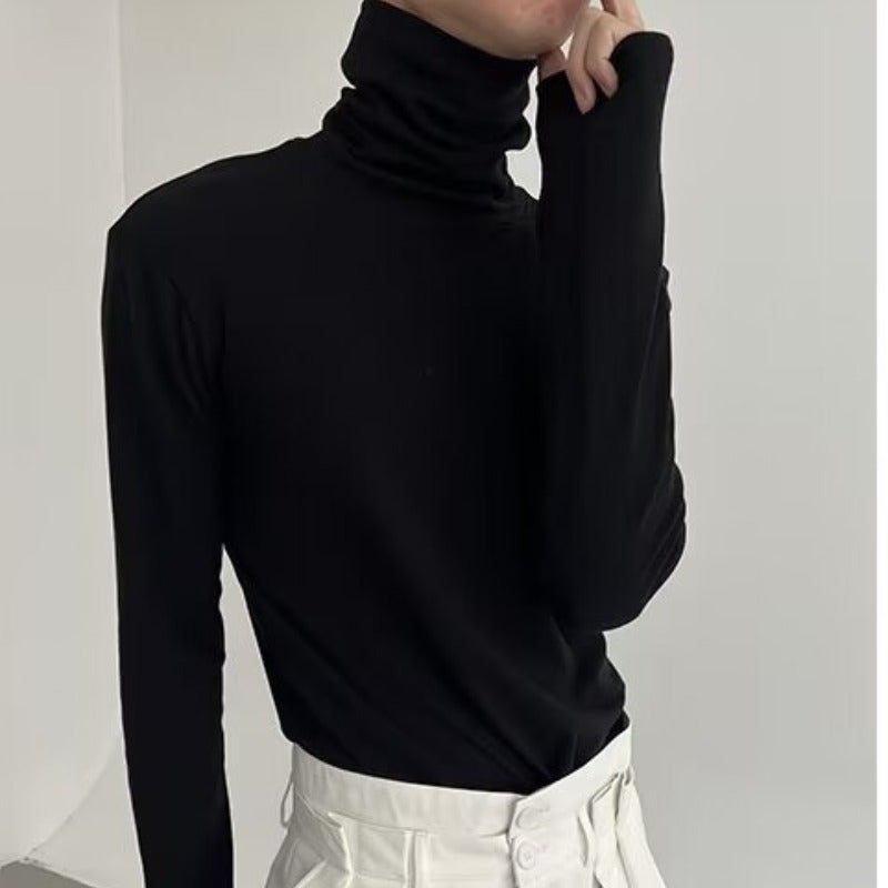 Korean Style Non-Inverted Velvet Half Turtleneck Bottoming Shirt Men'S Loose Trendy Inner Black Mid-High Collar Autumn Long Sleeve T-Shirt - Image 1