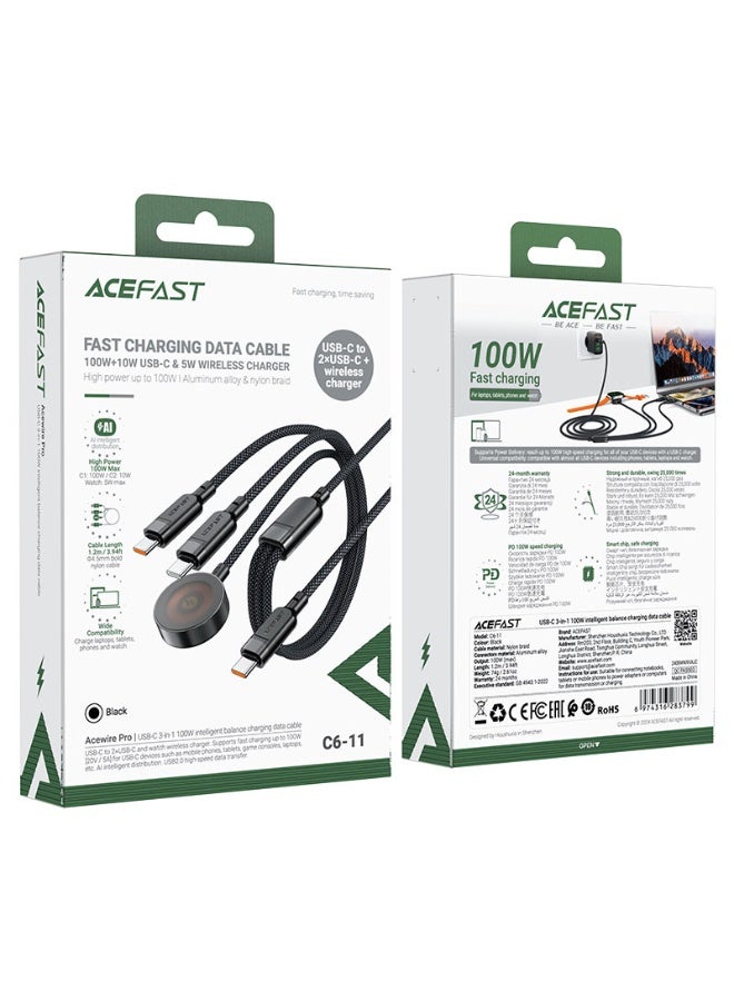 ACEFAST Charging Data Cable C6-11, 3-in-1, Fast Charging 100W, 5W Wireless Watch Charger, 1.2m Durable Nylon Braided Cable - Black - Image 5