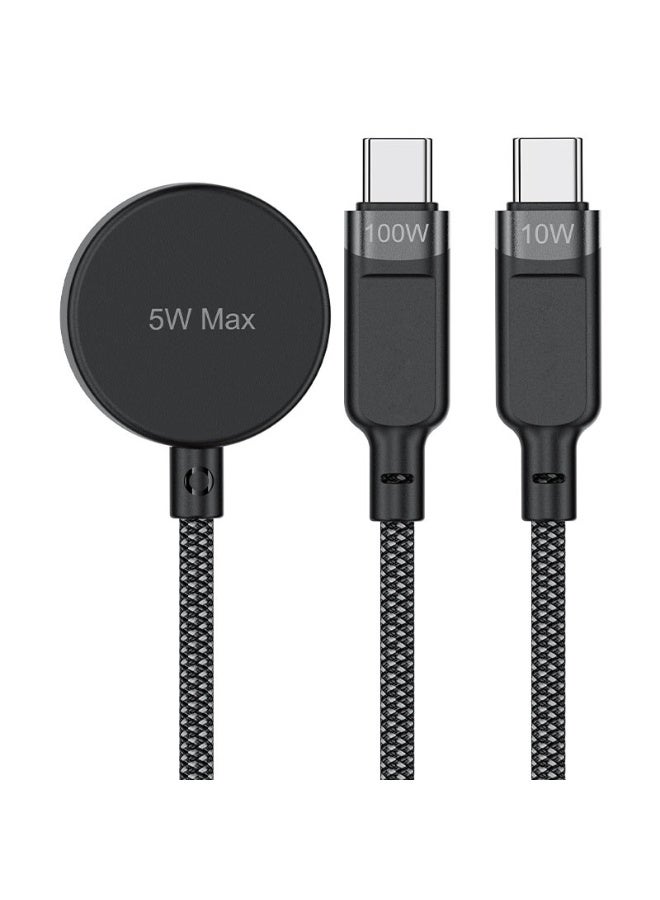 ACEFAST Charging Data Cable C6-11, 3-in-1, Fast Charging 100W, 5W Wireless Watch Charger, 1.2m Durable Nylon Braided Cable - Black - Image 2