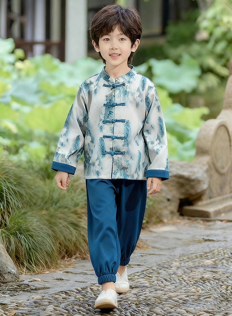 ليانغ سان تشي الصبيان الذين يرتدون الزي الصيني الصيني التقليدي -القمصان والسراويل ذات الطراز القديم، في مناسبة خاصة مثالية - Image 3