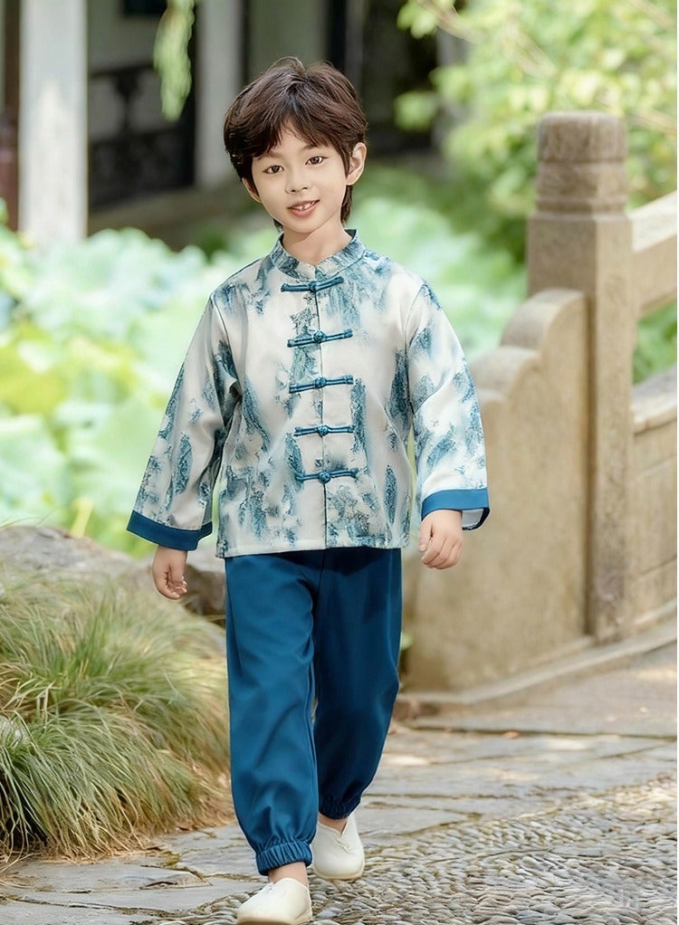 ليانغ سان تشي الصبيان الذين يرتدون الزي الصيني الصيني التقليدي -القمصان والسراويل ذات الطراز القديم، في مناسبة خاصة مثالية - Image 4