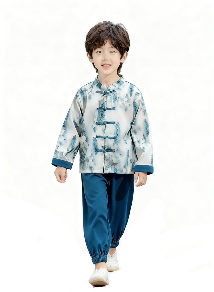 ليانغ سان تشي الصبيان الذين يرتدون الزي الصيني الصيني التقليدي -القمصان والسراويل ذات الطراز القديم، في مناسبة خاصة مثالية - Image 1