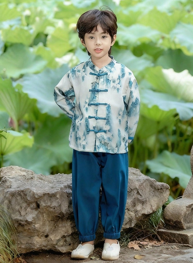 ليانغ سان تشي الصبيان الذين يرتدون الزي الصيني الصيني التقليدي -القمصان والسراويل ذات الطراز القديم، في مناسبة خاصة مثالية - Image 2