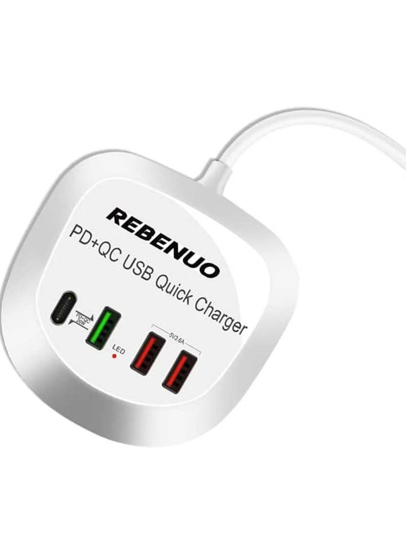 REBENUO Rebenuo T3P 4 In 1 USB With Type-C PD Quick Charger LED Lights Multi Port Fast Charger 1.2m Cable Length Standard Voltage AC100-240V White - Image 1
