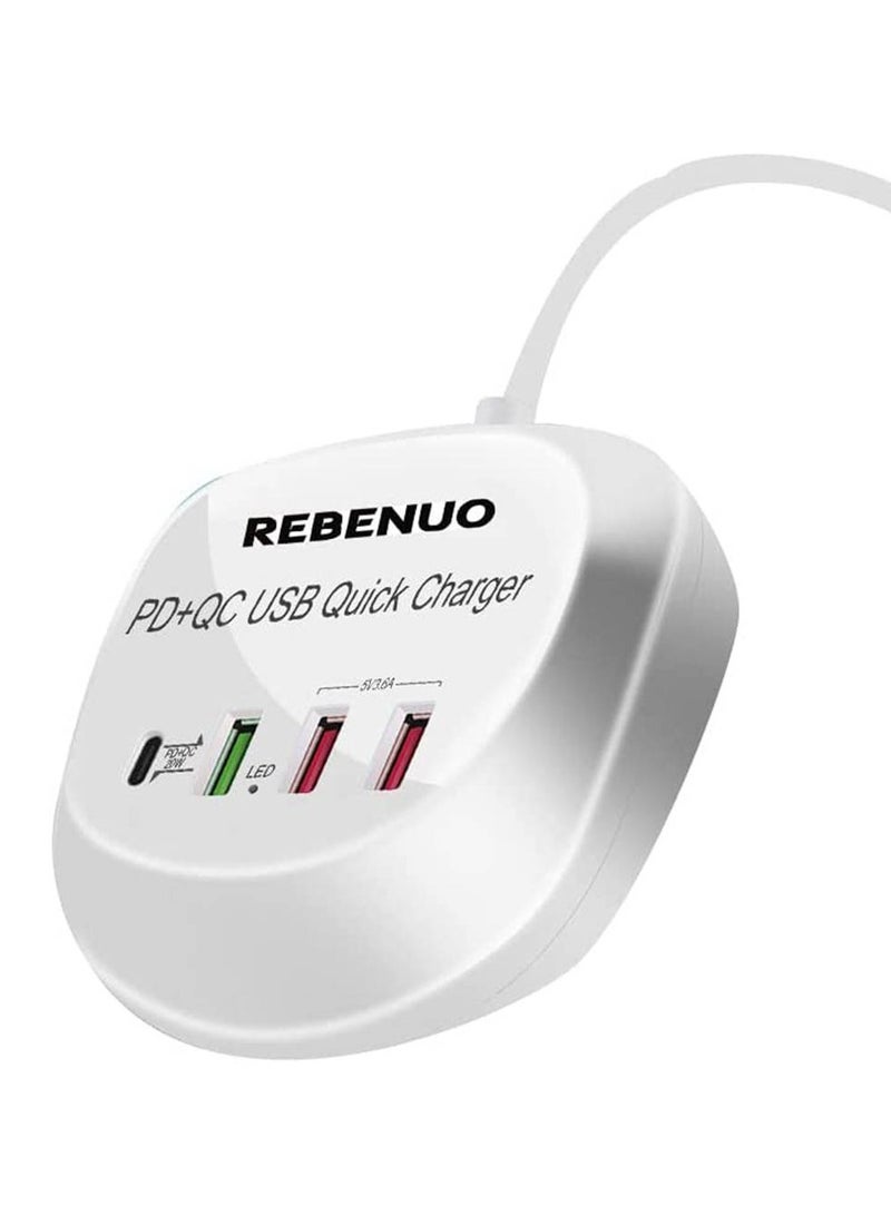 REBENUO Rebenuo T3P 4 In 1 USB With Type-C PD Quick Charger LED Lights Multi Port Fast Charger 1.2m Cable Length Standard Voltage AC100-240V White - Image 2