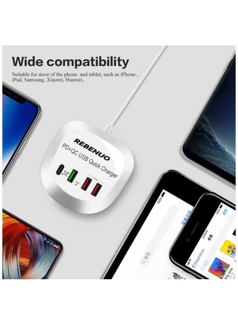 REBENUO Rebenuo T3P 4 In 1 USB With Type-C PD Quick Charger LED Lights Multi Port Fast Charger 1.2m Cable Length Standard Voltage AC100-240V White - Image 3