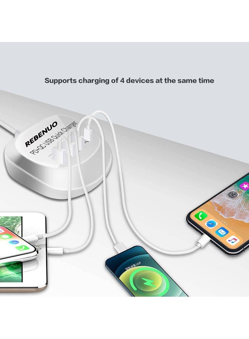 REBENUO Rebenuo T3P 4 In 1 USB With Type-C PD Quick Charger LED Lights Multi Port Fast Charger 1.2m Cable Length Standard Voltage AC100-240V White - Image 4