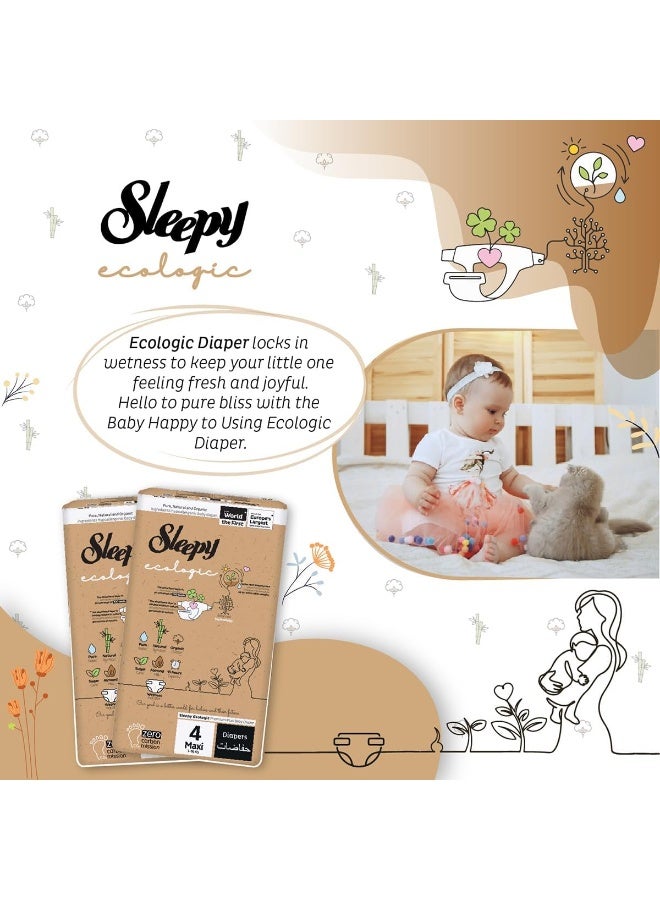 Sleepy حفاضات إيكولوجية حجم 4، مضادة للحساسية، نباتية، قابلة للتحلل، مستدامة، حفاضات مميزة مزودة بشريط لاصق مع امتصاص عالي، حفاضات جافة عضوية للأطفال من 7-16 كجم، 100% مانعة للتسرب، 104 قطعة - Image 2