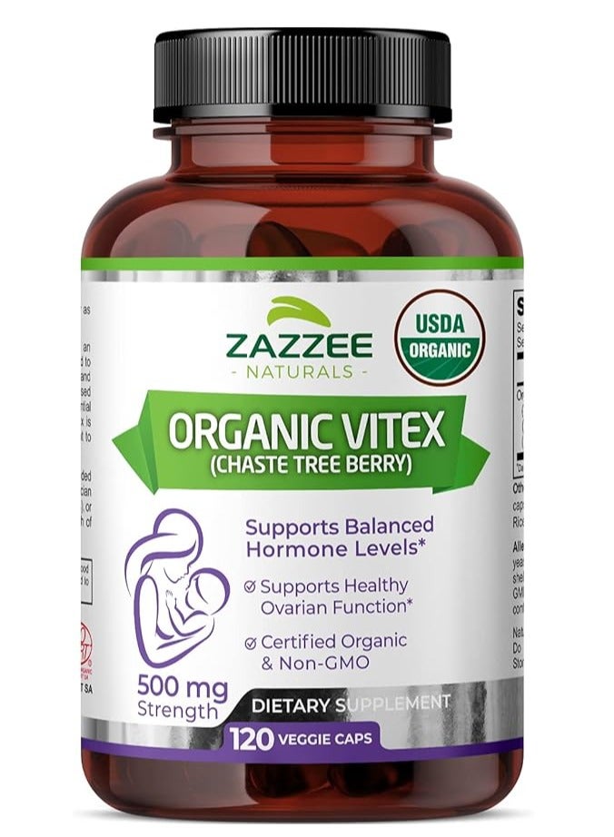 Zazzee Organic Vitex Chaste Tree Berry Support Balanced Harmone 120 Capsules