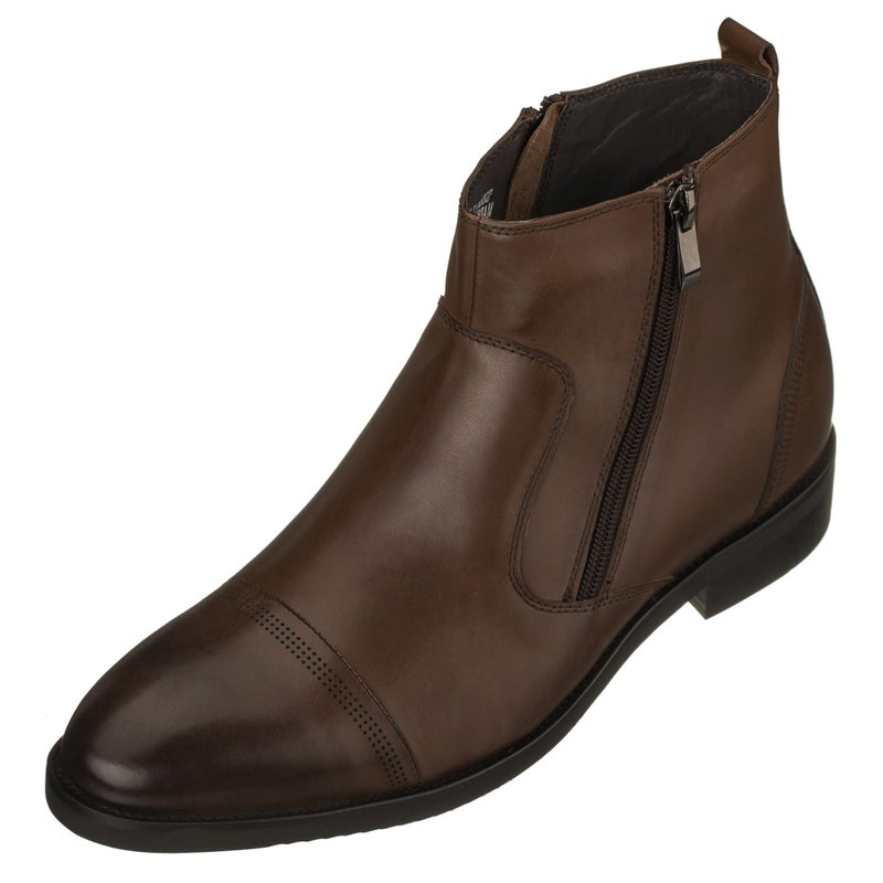 CALTO Mens Invisible Height Increasing Elevator Shoes Dark Brown Premium Leather Lightweight Zipper Boots 28 Inches Taller S28002 Size 75 DM US