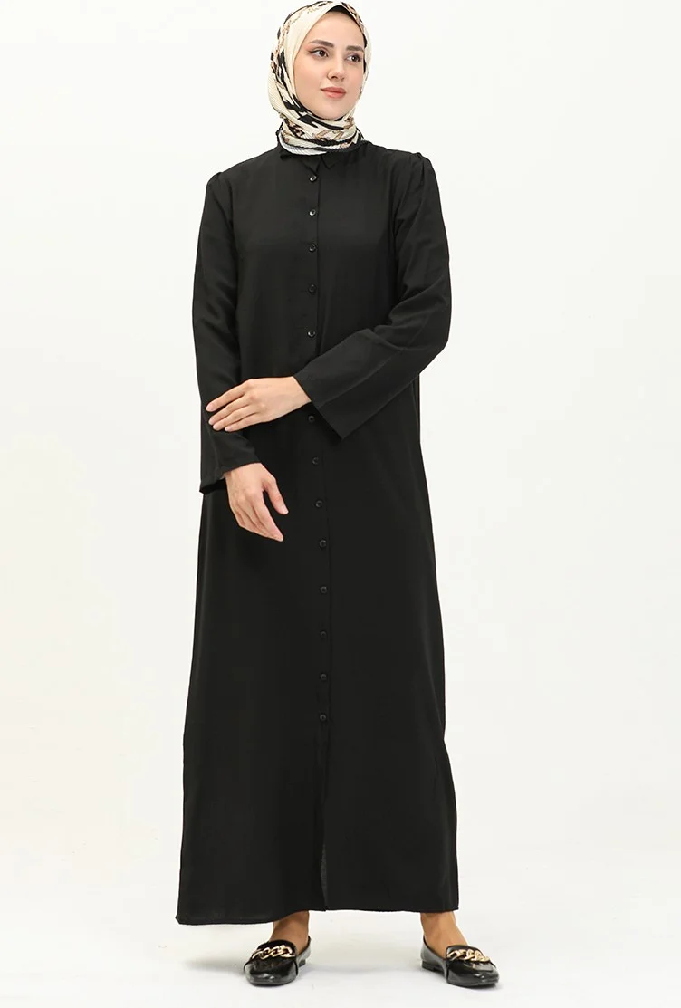 Sefa Merve Sleeve Gathered Buttoned Viscose Dress 5109-01 Black