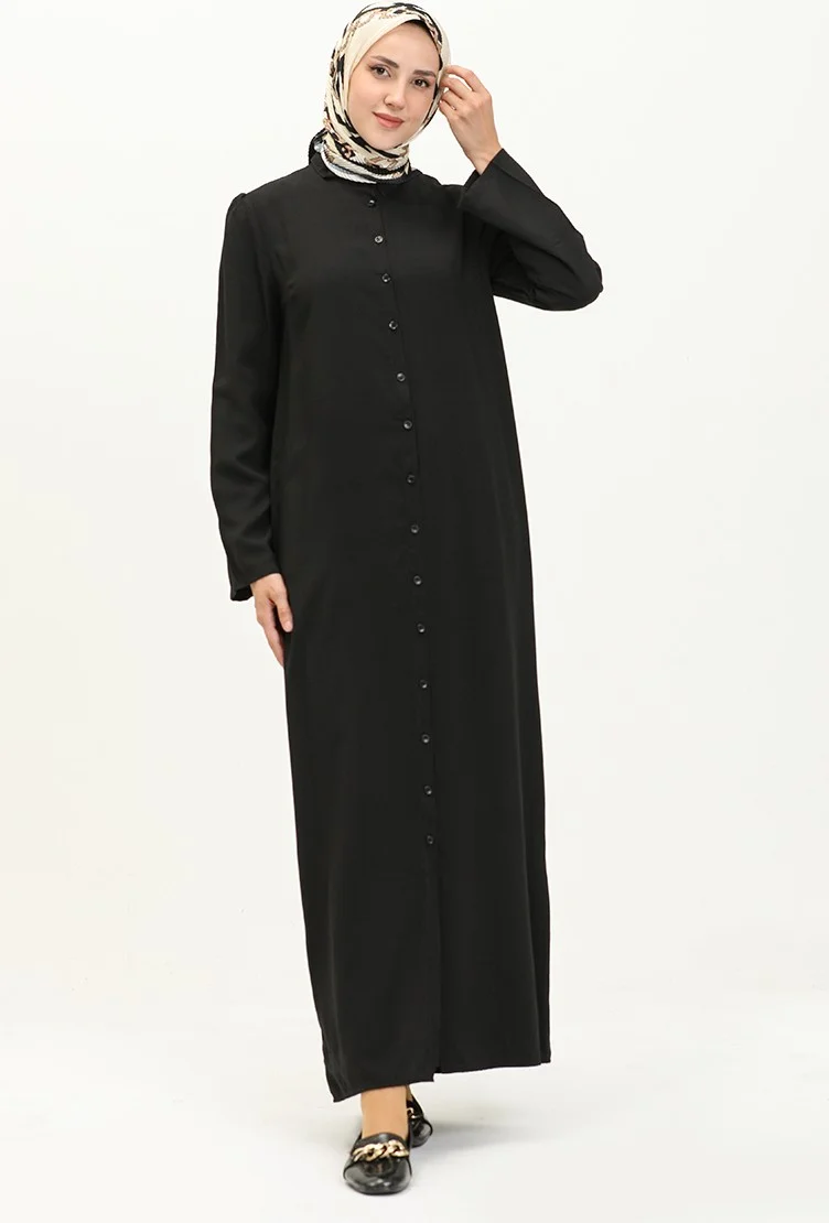 Sefa Merve Sleeve Gathered Buttoned Viscose Dress 5109-01 Black