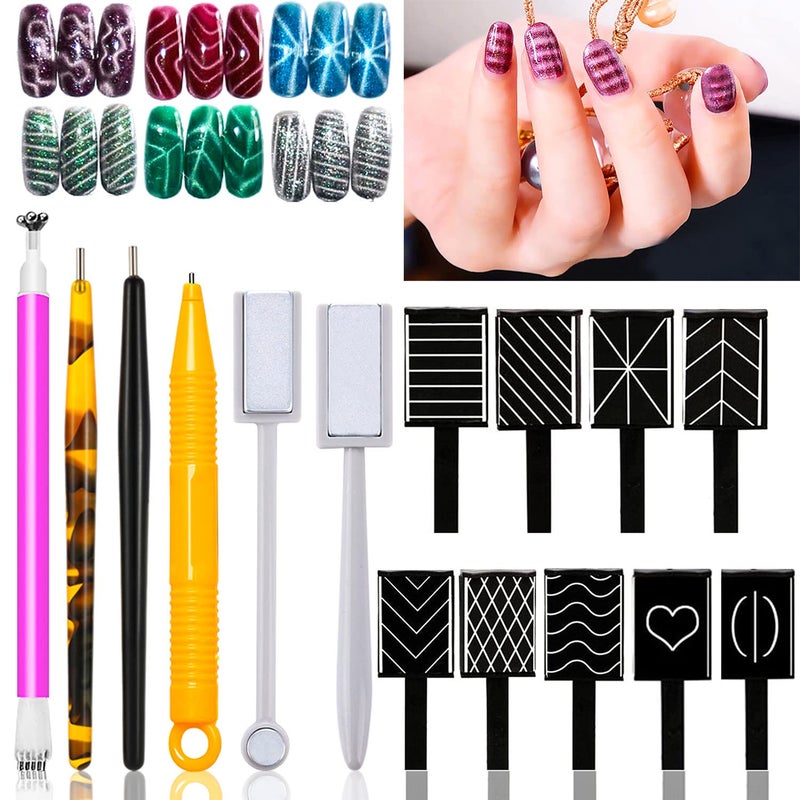 JERCLITY 15 Pieces Cat Eye Magnet Tool for Nails Magnet Plate Wand Board Nail Magnetic Pen Double Ended Nail Magnet Plate Line Strip Effect 3D Magnetic for Cat Eye Gel Polish DIY Nail Art
