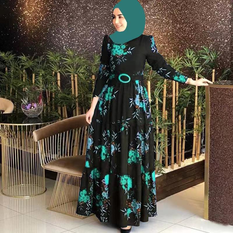 Spring 2024 New printed mid-waist four-color elegant commuter four-sided elastic printed dress not fleece-lined dress 1148 Blue - Image 1
