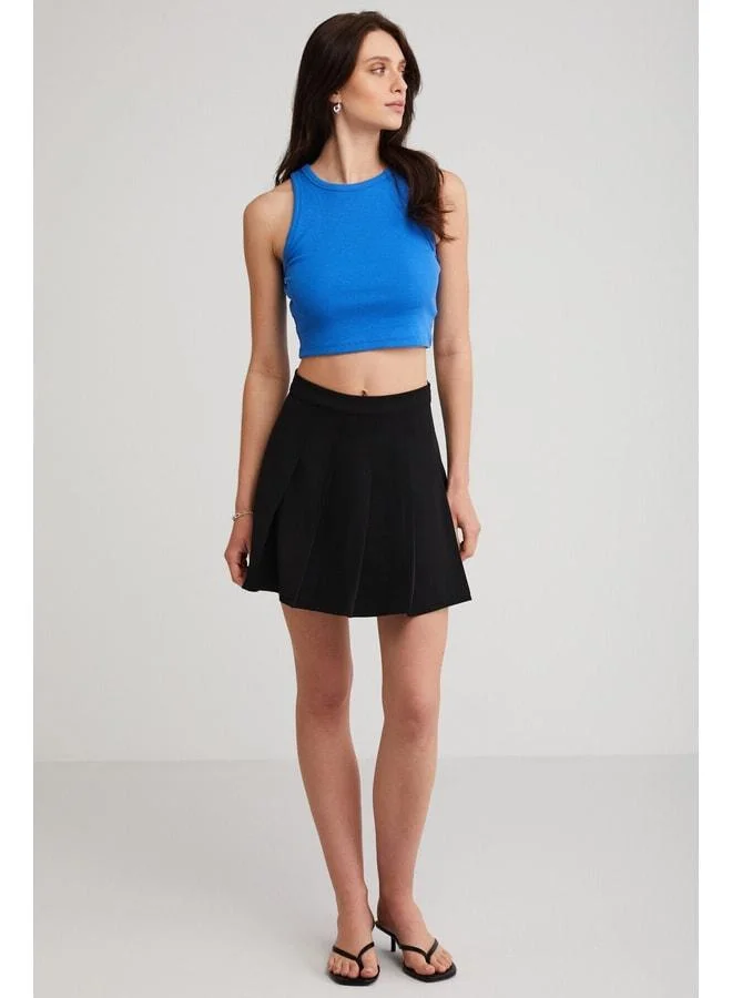 Ethiquet Joyce Women's Slim Fit Narrow-Cut Sleeveless Bicycle Neck Knit Crop Blue Tank Top.