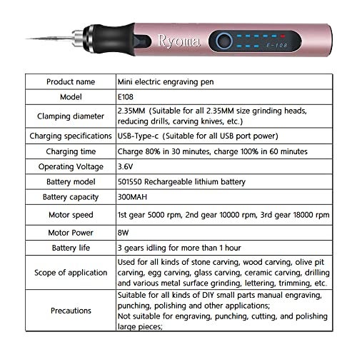 Ryoma Rechargeable cordless Electric Micro Engraver Pen Mini DIY Engraving Tool Kit for Metal Glass Ceramic Plastic Wood Jewelry with 30 Bits and 16 Stencils and 1 Scriber Pen (Rose gold) - Image 4