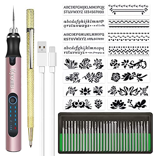 Ryoma Rechargeable cordless Electric Micro Engraver Pen Mini DIY Engraving Tool Kit for Metal Glass Ceramic Plastic Wood Jewelry with 30 Bits and 16 Stencils and 1 Scriber Pen (Rose gold) - Image 1