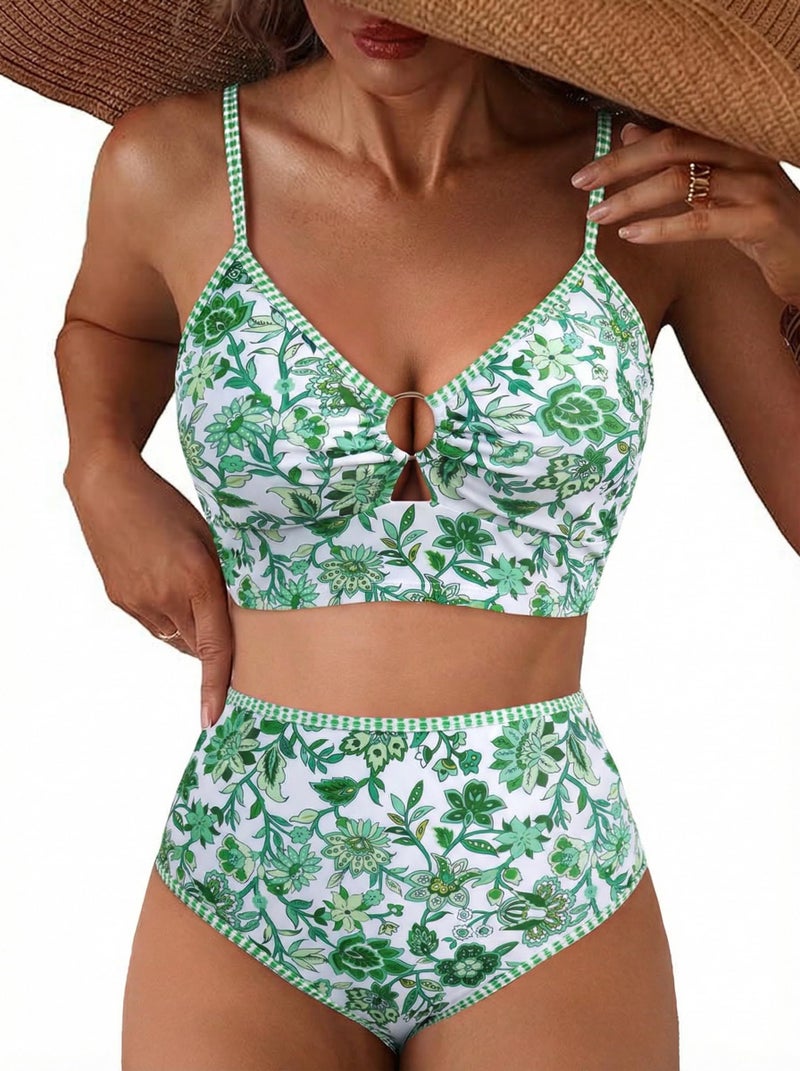 Herseas Bikini Sets for Women Cutout Floral Print O Ring Push Up Swim Suits 2026 V Neck Two Piece Flattering Tummy Control Bathing Suits Chic Long Torso Beachwear Large - Image 1