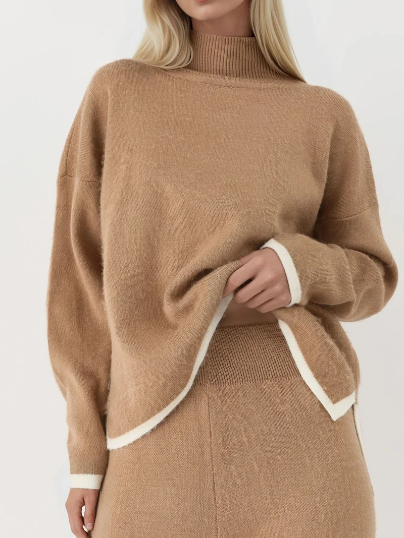 MY FASHION Camel Brown MY FASHION Soft Textured Oversized Sweater & Pants Knit Co-ord Set for Women | Best Price UAE