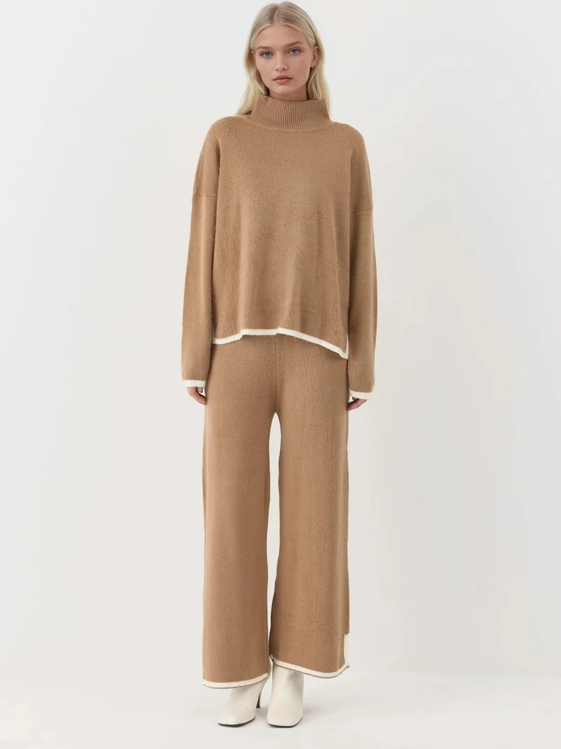 MY FASHION Camel Brown MY FASHION Soft Textured Oversized Sweater & Pants Knit Co-ord Set for Women | Best Price UAE